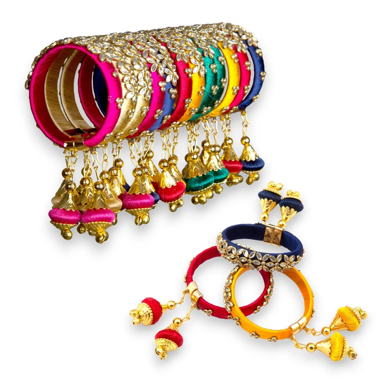 Silk Thread Bangles Designer Kundan Bangle Bracelet Set for Women Ethnic Handmade Beautiful and Stylish Assorted Kangan with Latkan Free Size Fashion Jewelry for Indian Wedding